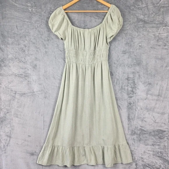 Womens Dress Medium Green Milkmaid Linen Boho Tiered Midi Babydoll Cottagecore - Picture 7 of 8